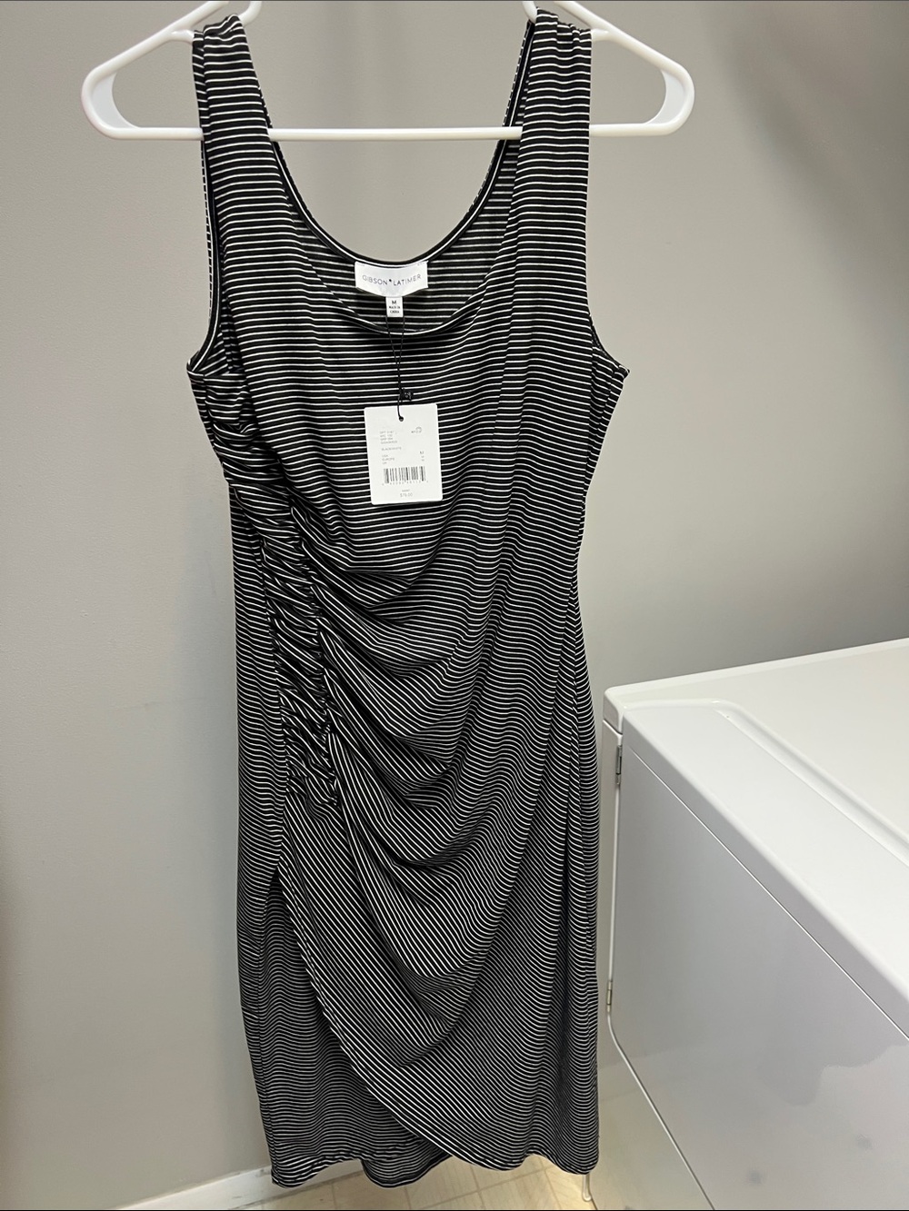 Gibson LatimerBlack & White Striped Ruched Midi Dress